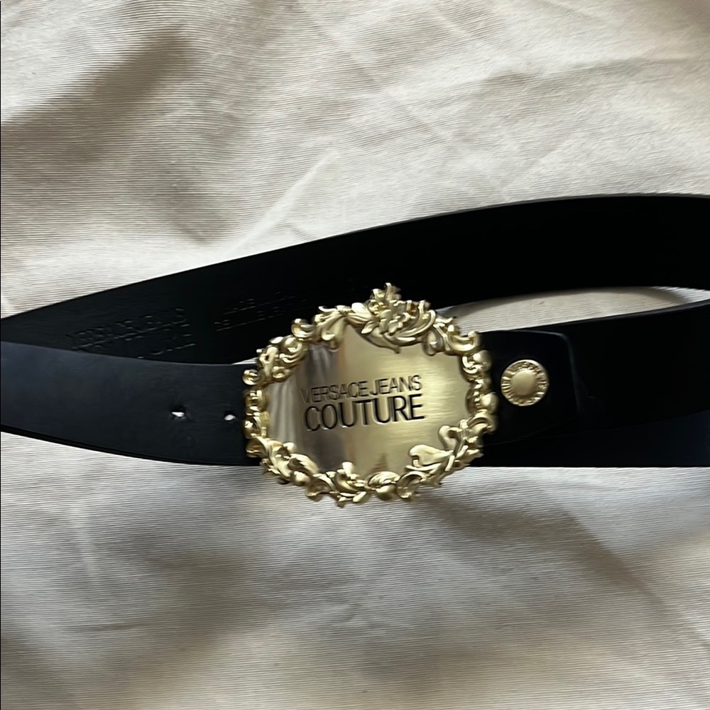 Versace Jeans Couture Black Belt with Ornate Gold Buckle